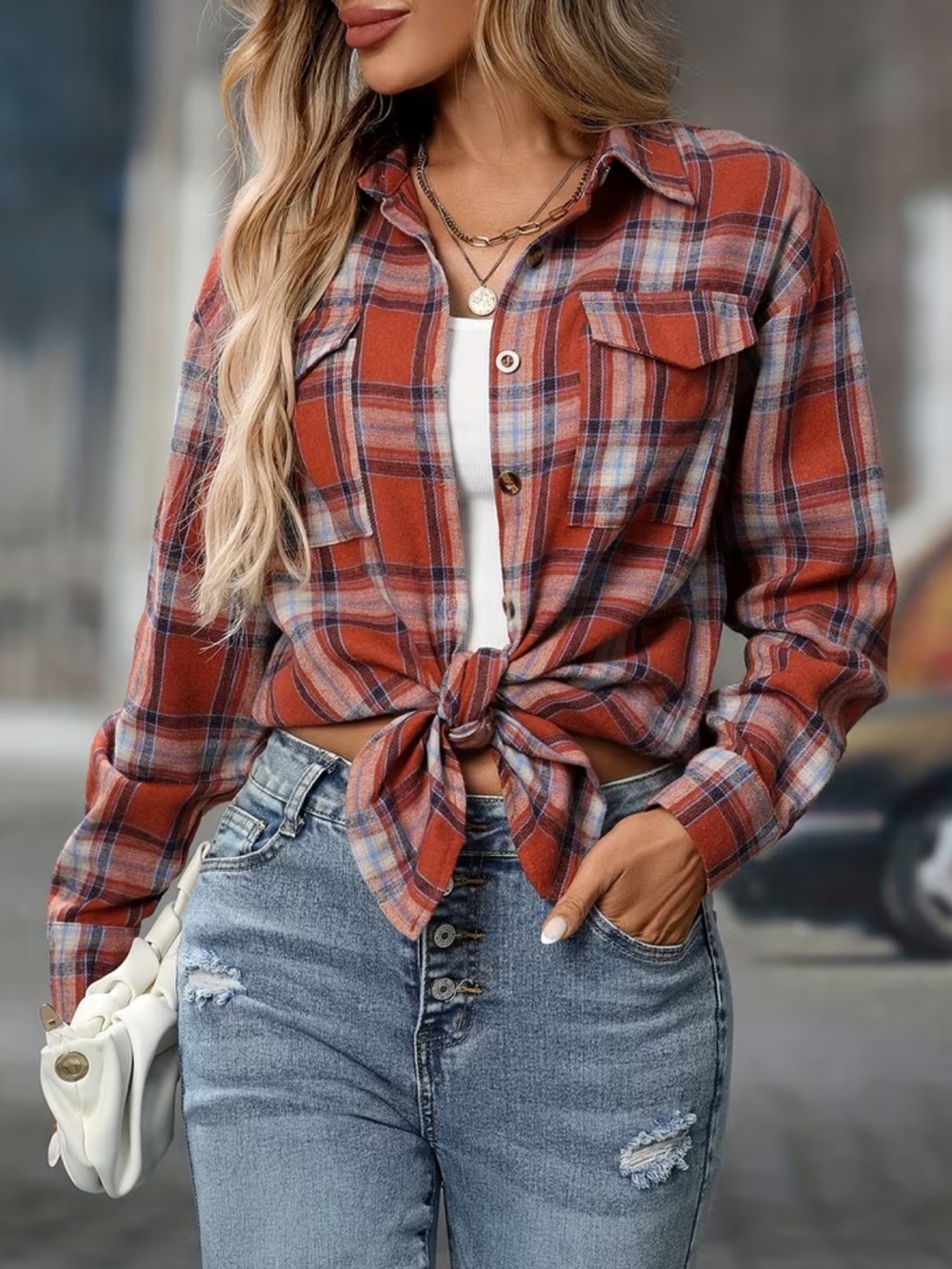 Women’s Plaid Tie-Front Shirt - Rust